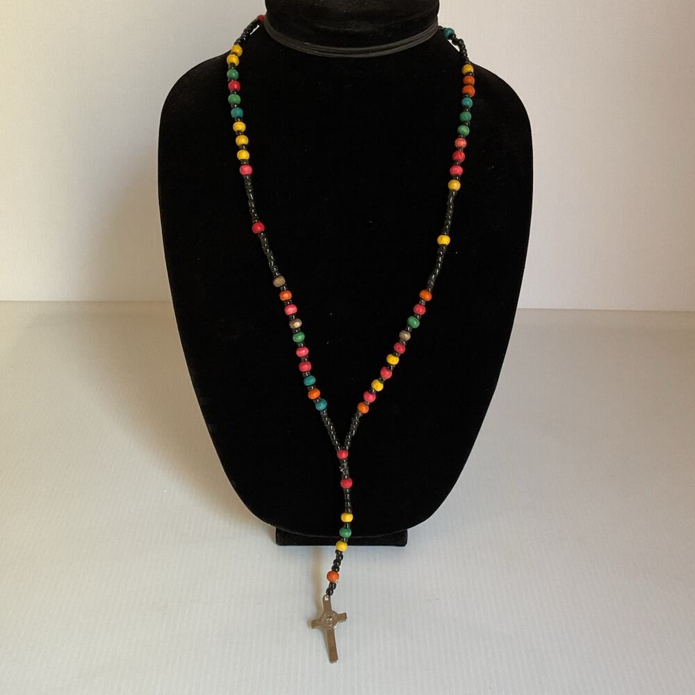 Bead Rosary  Metal Crucifix Handmade Colorful Wooden Catholic Prayer Beads NEW